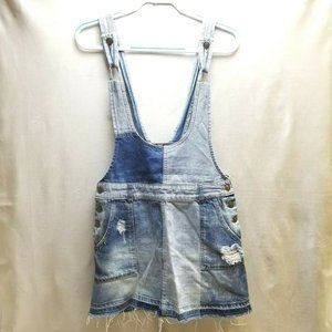 Free People Women's 8 Denim Overalls Mini Jumper Dress Adjustable Straps Patchy*